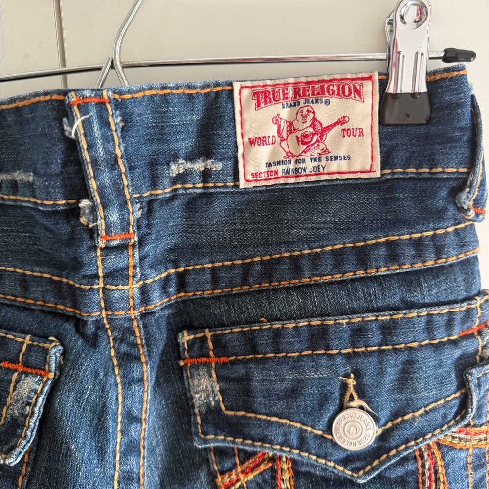 True Religion Blue Denim High Rise Jeans with Orange Stitching
